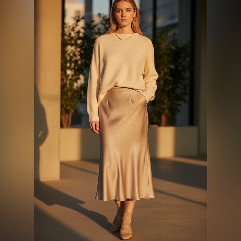 Ee:some Los Angeles Satin Midi Skirt Neutral Beige Side Slit Bias Cut Size M - Picture 11 of 11